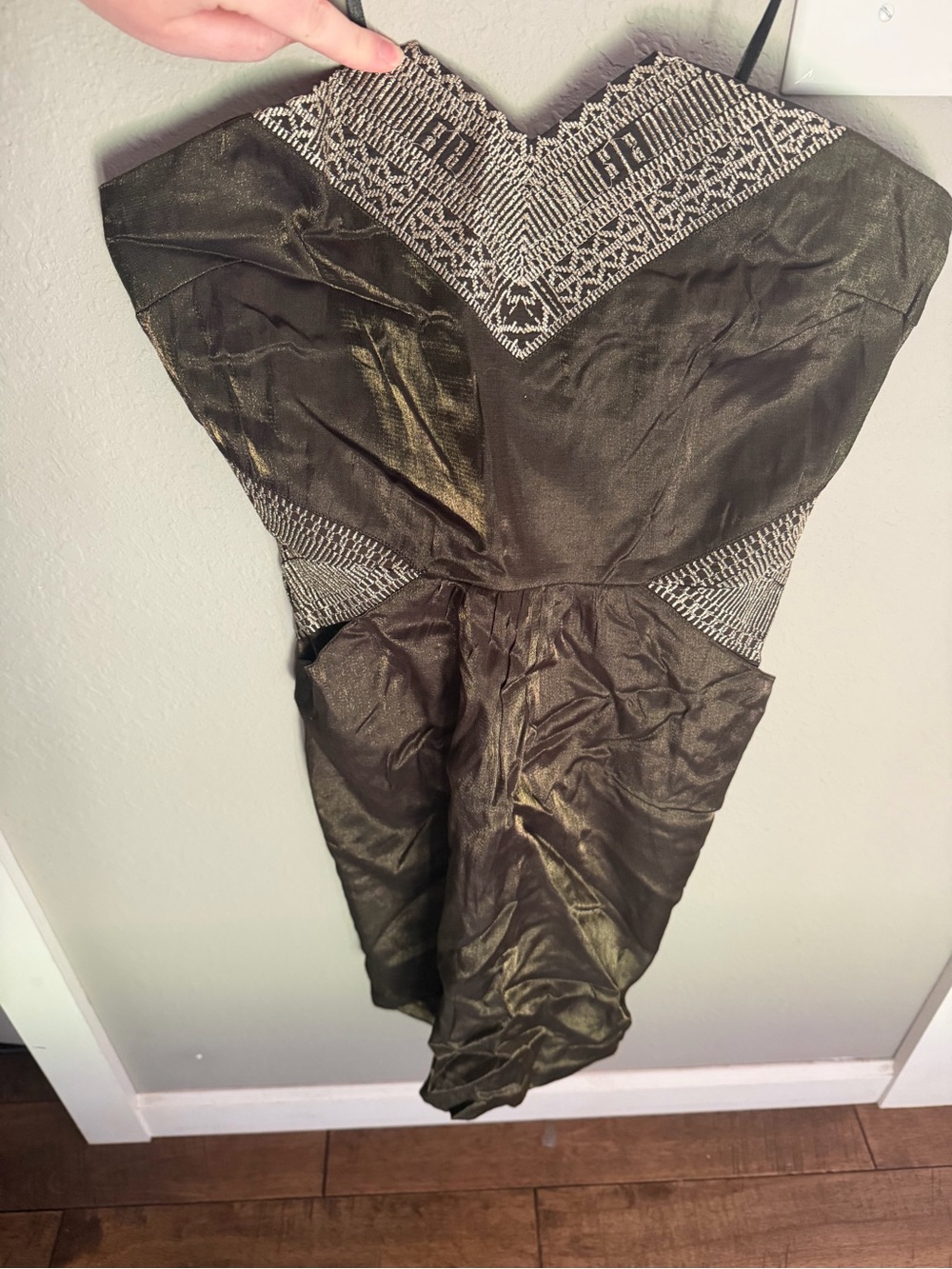 Ecote Strapless Metallic Olive Green Dress with Ivory Trim
